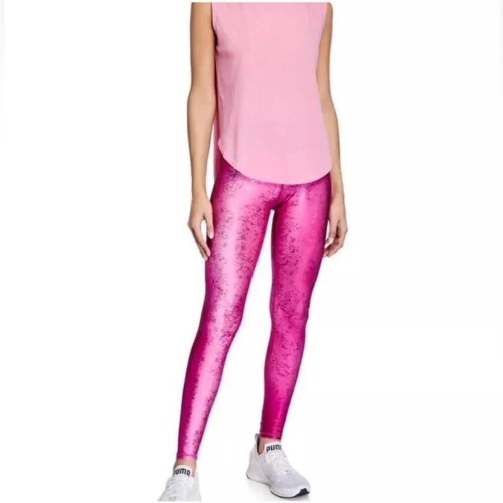 Terez Shiny Foil Workout Athleisure Mid Rise Leggings Pink Raspberry Size XS